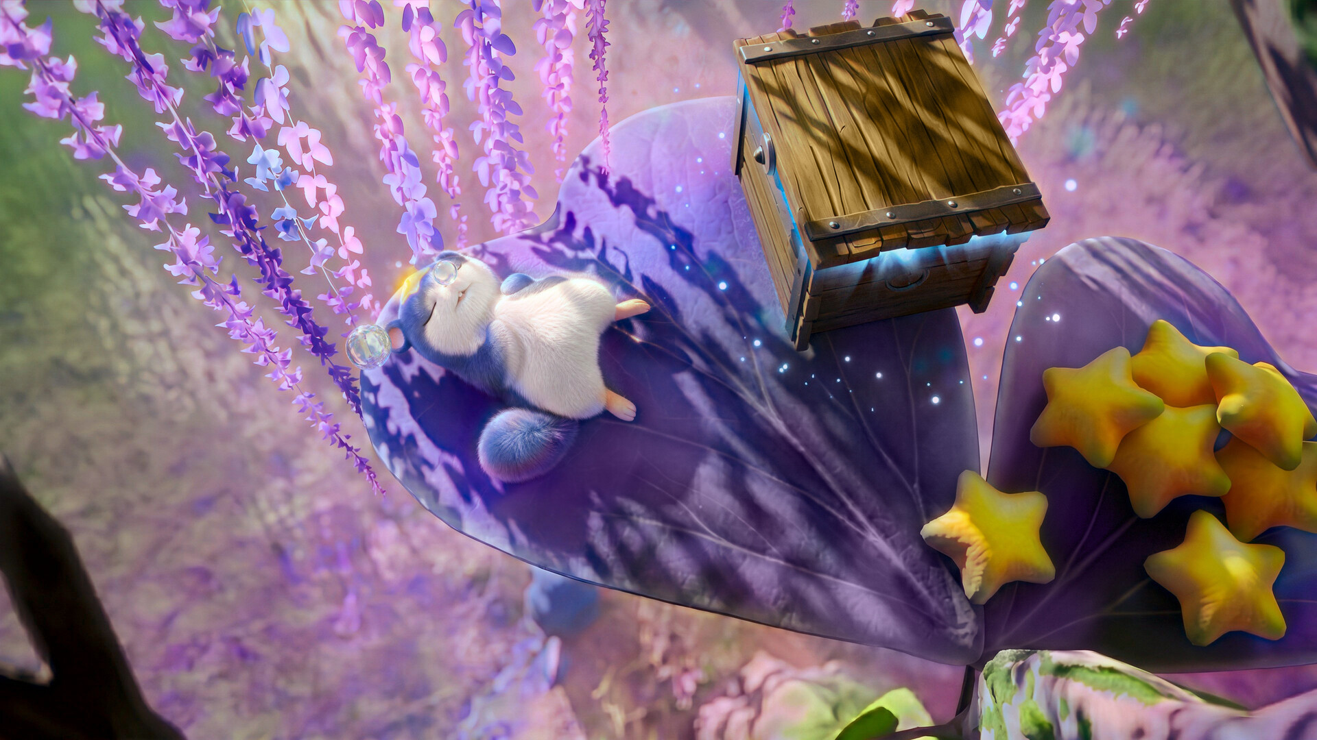 Aniimo creatures in a flower field at different evolution stages